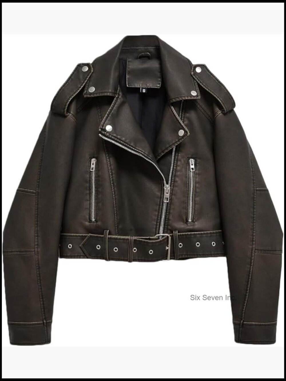 Faux Leather Cropped Biker Jacket with Belt and Zipper